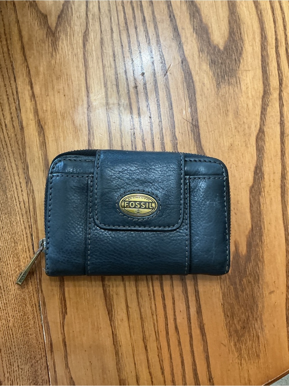 Fossil Black Leather Zip & Snap Card Holder